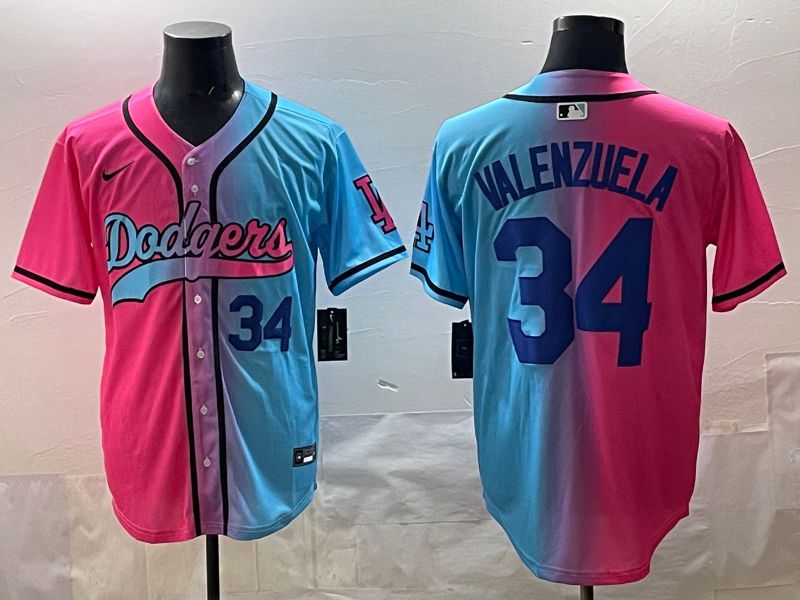 Men 2025 Los Angeles Dodgers 34 Valenzuela Blue pink Game Nike MLB Jersey style 02